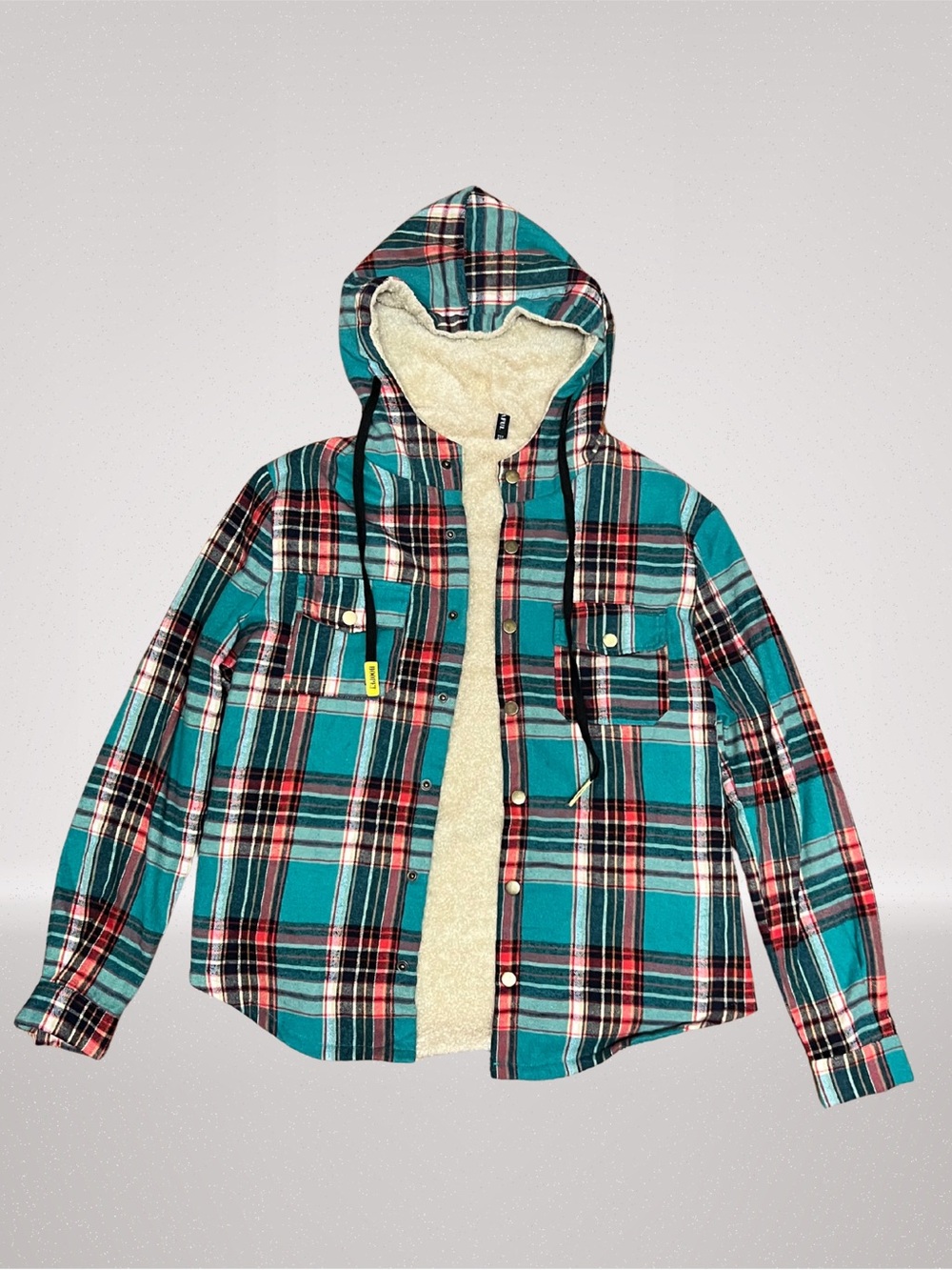 Zaful Women’s Teal Plaid Sherpa Lined Hooded Shacket Size Small